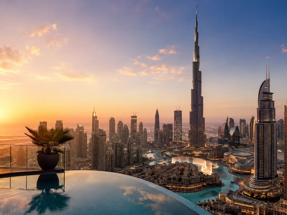 Dubai skyline and Burj Khalifa illuminated by sunset light