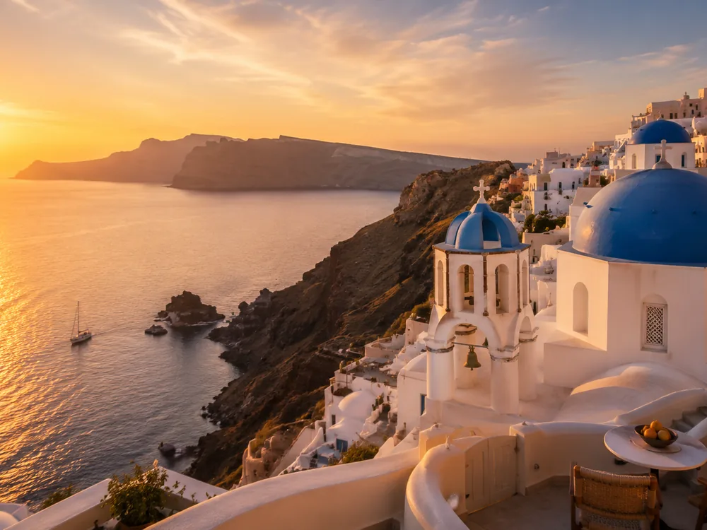 Santorini whitewashed buildings and blue domes above the sea at sunset