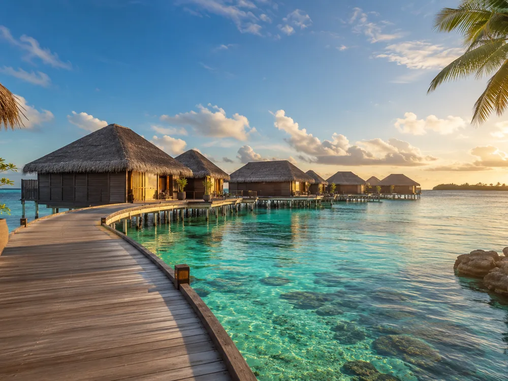 Overwater villas beside a clear turquoise lagoon in the Maldives