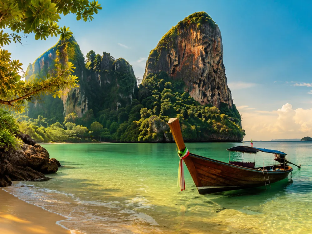 Traditional longtail boat in clear water beneath Thailand's limestone cliffs