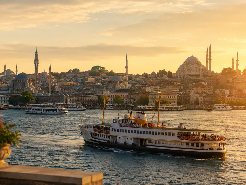 Ferry crossing the Bosphorus with Istanbul's historic skyline at golden hour